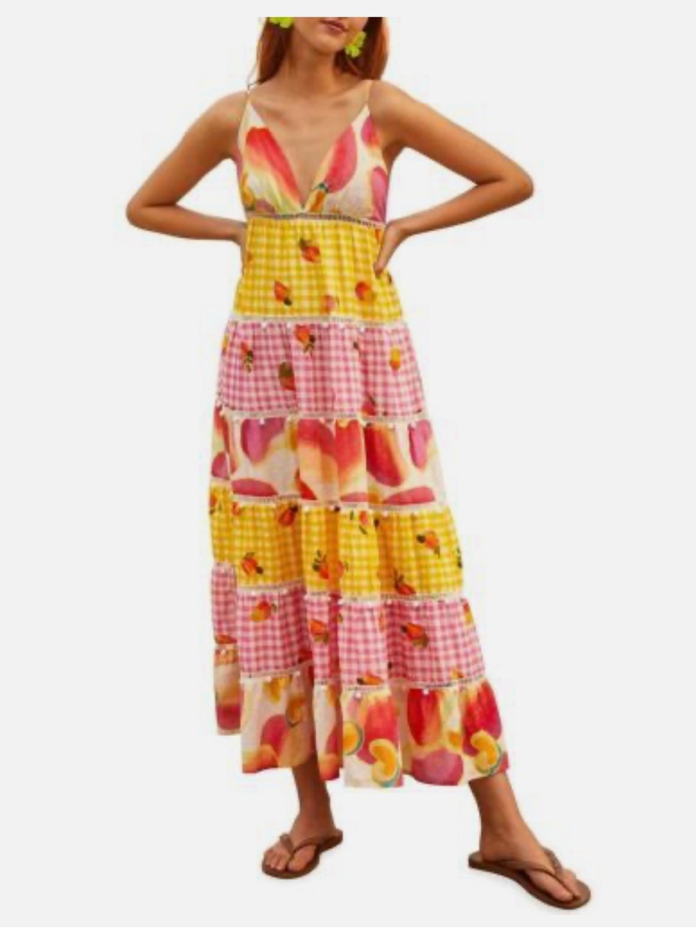 FARM Rio picnic cashew dress Pink & Yellow Tiered maxi Dress